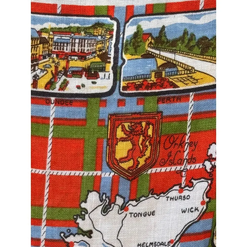 Vintage Scotland the Brave Linen Tea Towel Map Tartan Souvenir 18x30 1970s